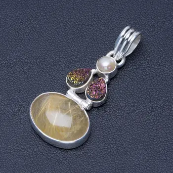 

Natural Golden Rutilated Quartz, Druzy and River Pearl 925 Sterling Silver Pendant 1 3/4" Q0534