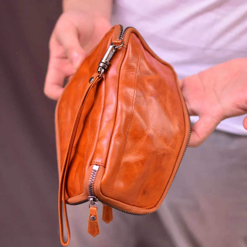 AETOO Handmade vegetable tanned leather men's wallet, first layer cowhide wallet, multifunctional retro large-capacity wallet 4
