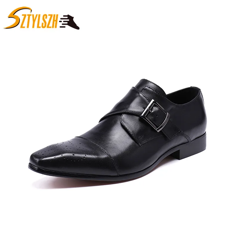 

Business Retro Men Casual Shoes Luxury Genuine Leather Black Formal Dress Monk Buckle Straps Wedding Brogues Shoe Zapatos Hombre
