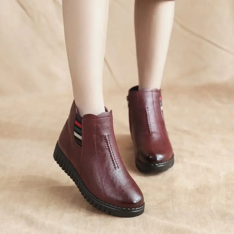 Coolcept Ankle Boots For Women Plush Fur Warm Winter Mom Shoes Women Fashion Zipper Round Toe Cotton Footwear Size 35-39