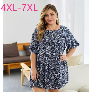 

New summer plus size mini dress for women large short sleeve loose casual blue red floral print pleated dress 4XL 5XL 6XL 7XL