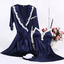 Navy Blue Summer Night Robe Sexy Women 2PC Strap Top Sleepwear Sets Casual Pajamas Home Wear Nightwear Sleep Kimono Bath Gown