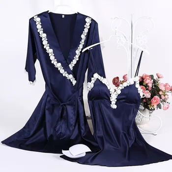 

Navy Blue Summer Night Robe Sexy Women 2PC Strap Top Sleepwear Sets Casual Pajamas Home Wear Nightwear Sleep Kimono Bath Gown