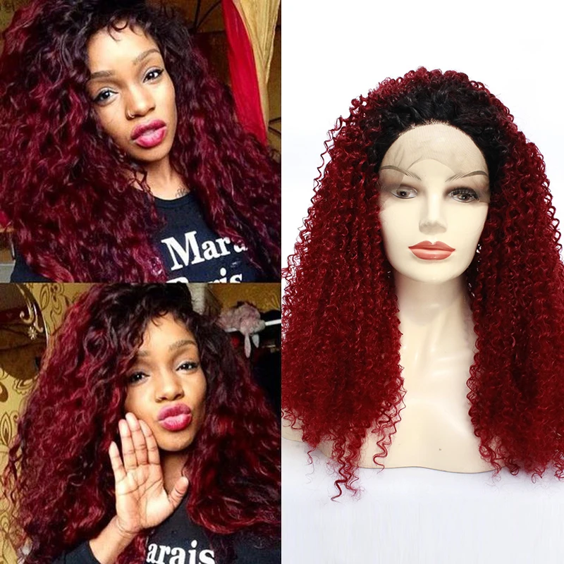 Афро кудрявые черные Ombre двухтоновые баг # винно красный Бургунди синтетические