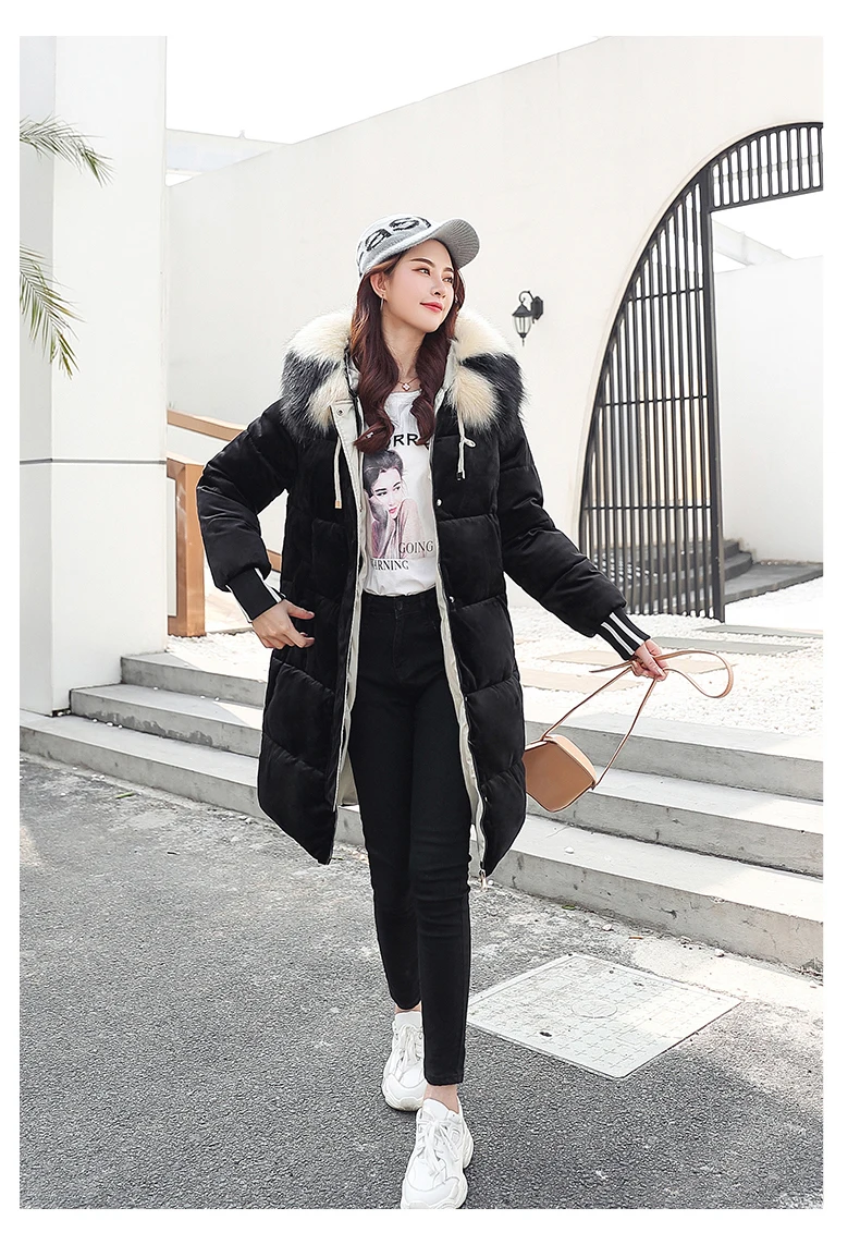 Cotton-padded Jacket New Style Women's Mid-length Korean-style Loose Thick down Feather Cotton-padded Clothes Gold Velvet W