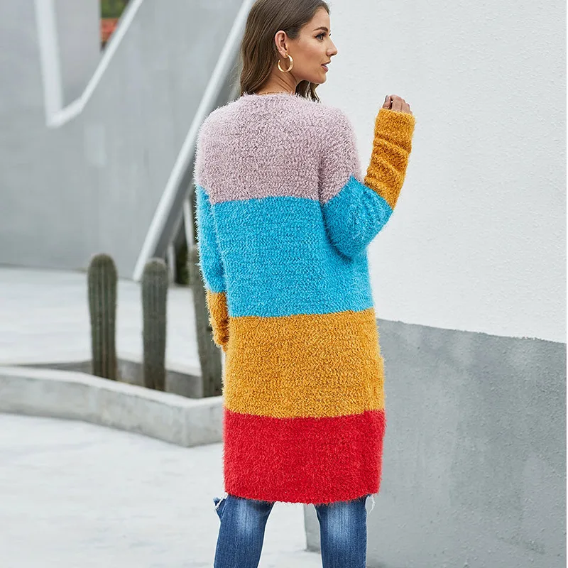 Women's Wear Winter New Pocket Sweater European And American Medium And Long Sleeves Multi-color Stitched Knitted Cardigan Women's Wear Winter New Pocket Sweater European And American Medium And Long Sleeves Multi-color Stitched Knitted Cardigan