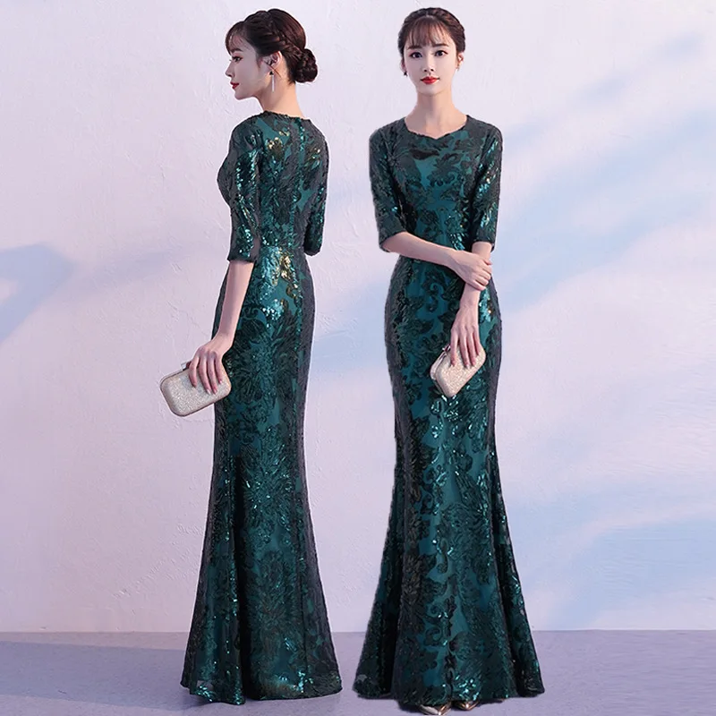 Dark green 2 Женское платье в китайском стиле с блестками, кружевное, сексуальное, тонкое, вечернее платье, улучшенное Qipao, размер S-3XL - Цвет: Dark green 2