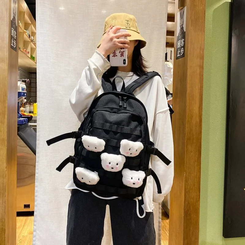 Preppy Students Kawaii Bear Backpack Large Capacity Button Travel Bag Solid Simple Harajuku Fashion Retro Unisex High Street Bag