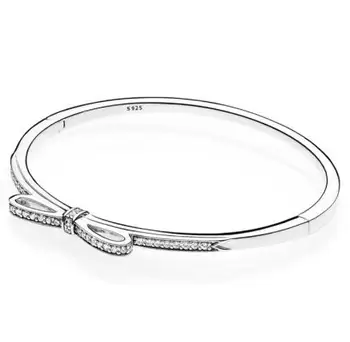

Original 925 Sterling Silver Quality Sparkling Bow With Cubic Zirconia Bangle Bracelet Fit Women Bead Charm Fashion Jewelry