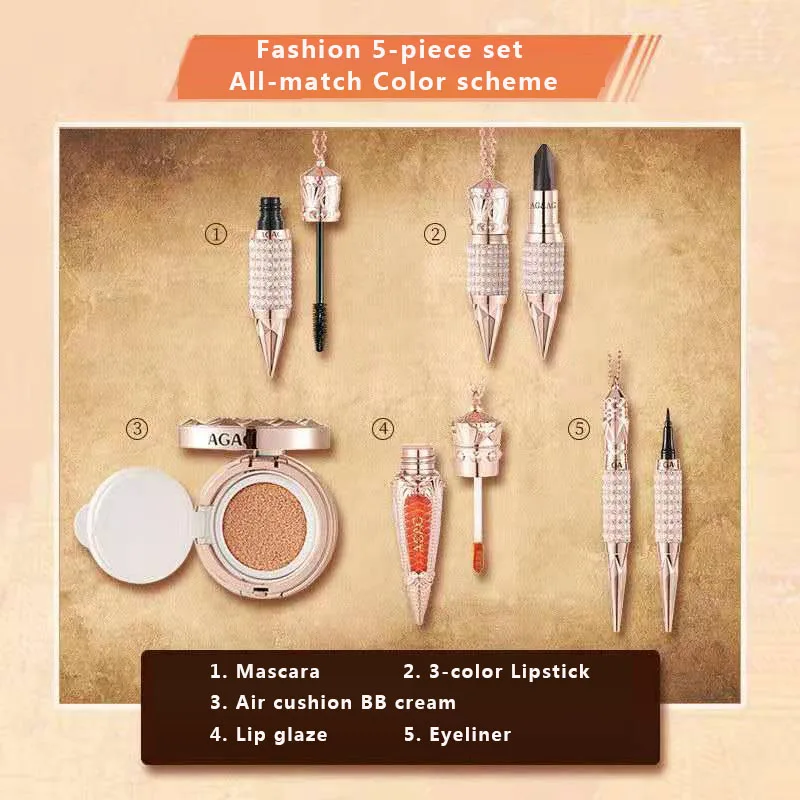 NEW Cosmetic Makeup Set Air Cushion Finishing Powder Face Powder Pearly Lustre Eyeliner Non-Stick Cup 3 colors Lipstick Kit 5