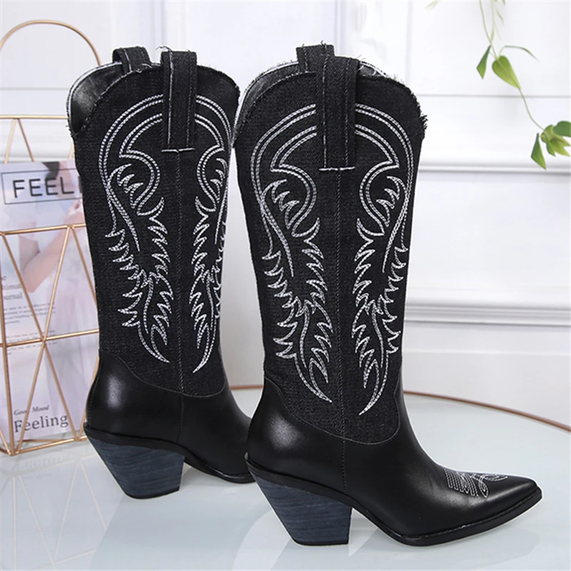 Sexy Embroidery Denim Cowboy Boots 