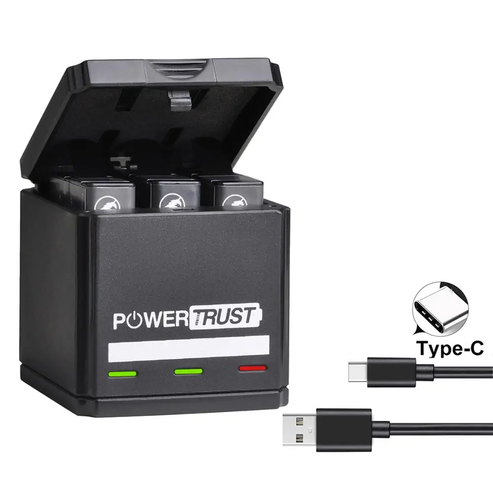 Аккумулятор PowerTrust для GoPro Hero5/Hero6/Hero7 /8 черные аккумуляторы и тройное зарядное