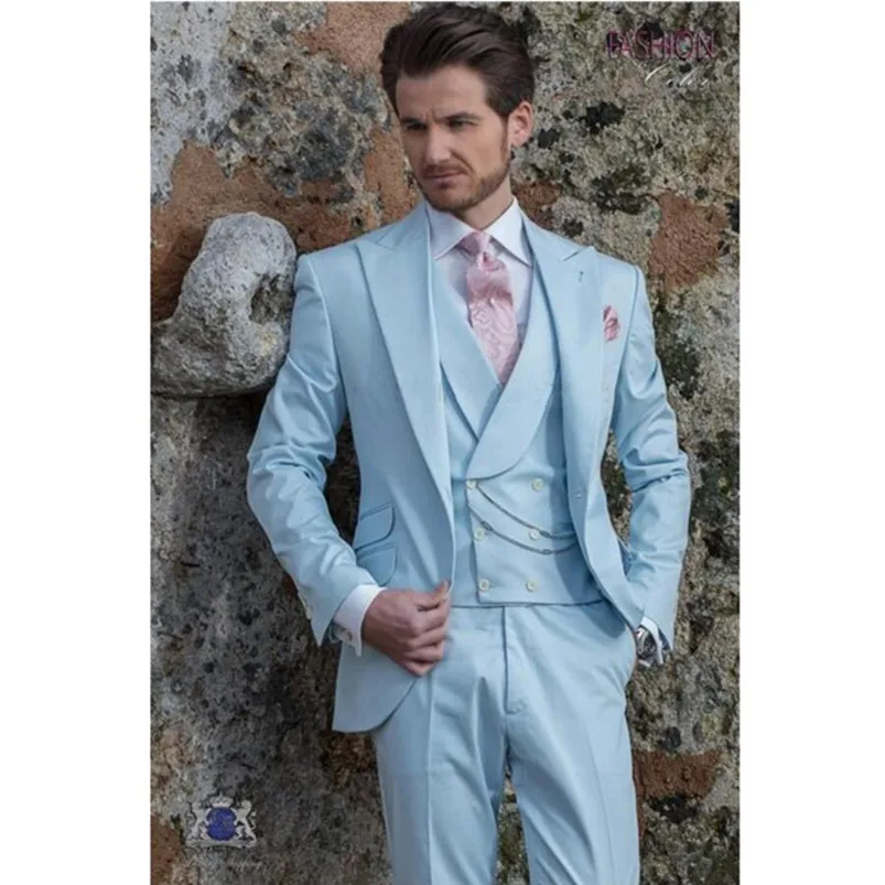 Light Sky Blue Groom Tuxedos Custom Made Peak Lapel Groomsmen Wedding High Quality Mens Prom Suits (Jacket+Pants+Vest) | Мужская одежда