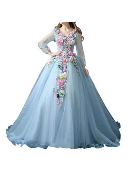 

Charming Long Sleeve V-Neck Appliqued Flowers Prom Ball Gowns See-Through Tulle Ruffled Evening Formal Dress Sky Blue