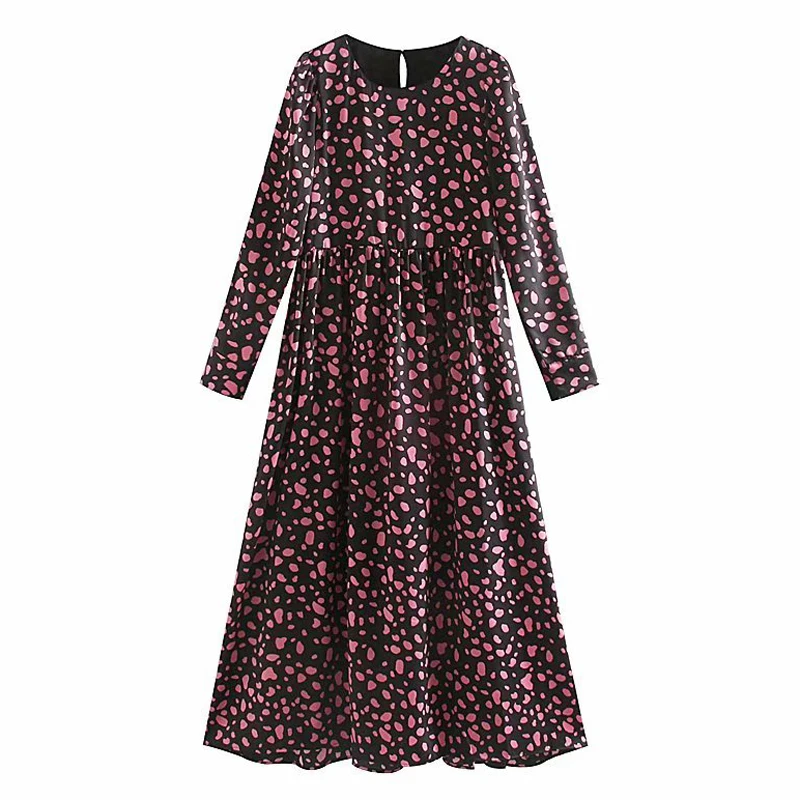 RR Casual Loose O Neck Dresses Women Fashion Fold Printed Dress Women Elegant Long Sleeve Mid Calf Dresses Female Ladies KG