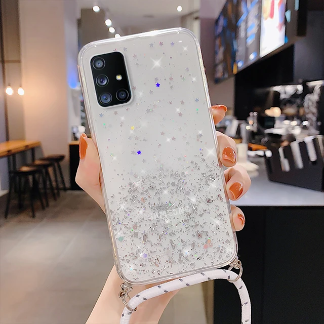 With Neck Strap Rope Cord Clear Glitter Case For Samsung S20 FE A51 A50 A71 A52 A72 A21S A31 A70 S21 Ultra S10 Plus M52 A12 A32 Transparent