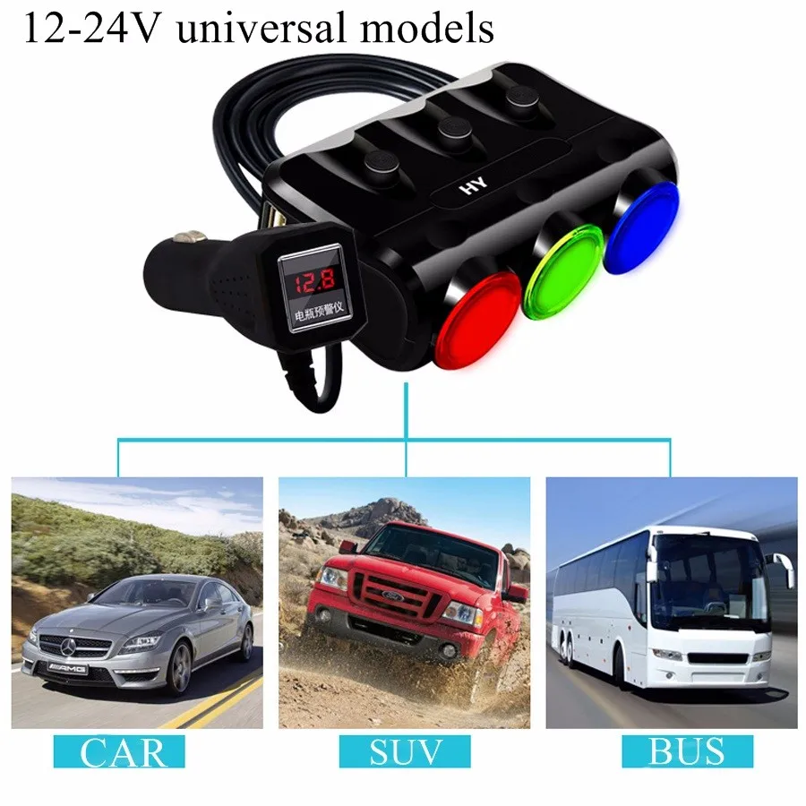 YIBEIKA3 12 V-24 V enchufe de encendedor de coche divisor telefono de Energy Dual USB cargador de coche interruptor