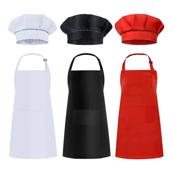 

HOT 6 Pcs Kids Aprons and Hats Set Children Chef Aprons for Cooking Baking Painting Aprons White + Black + Red