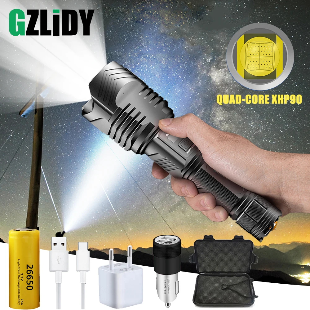 

Brightest XHP90 LED Flashlight High-power Waterproof Zoom Tactical Torch with USB Input and Output Function Camping Hunting Lamp