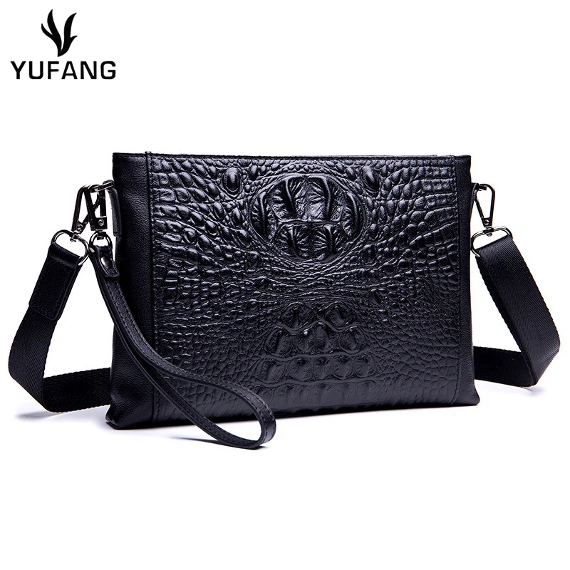 

YUFANG Genuine Leather Men Messenger Bag Crocodile Pattern Crossbody Bag Business Male Black Daily Clutch Bag Trendy Handbags