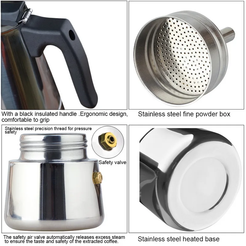 Чайник из нержавеющей стали, кофейник, чайник, портативный эспрессо, Кофеварка Moka Pot Pro Barista Pot 100 мл/200 мл/300 мл/450 мл