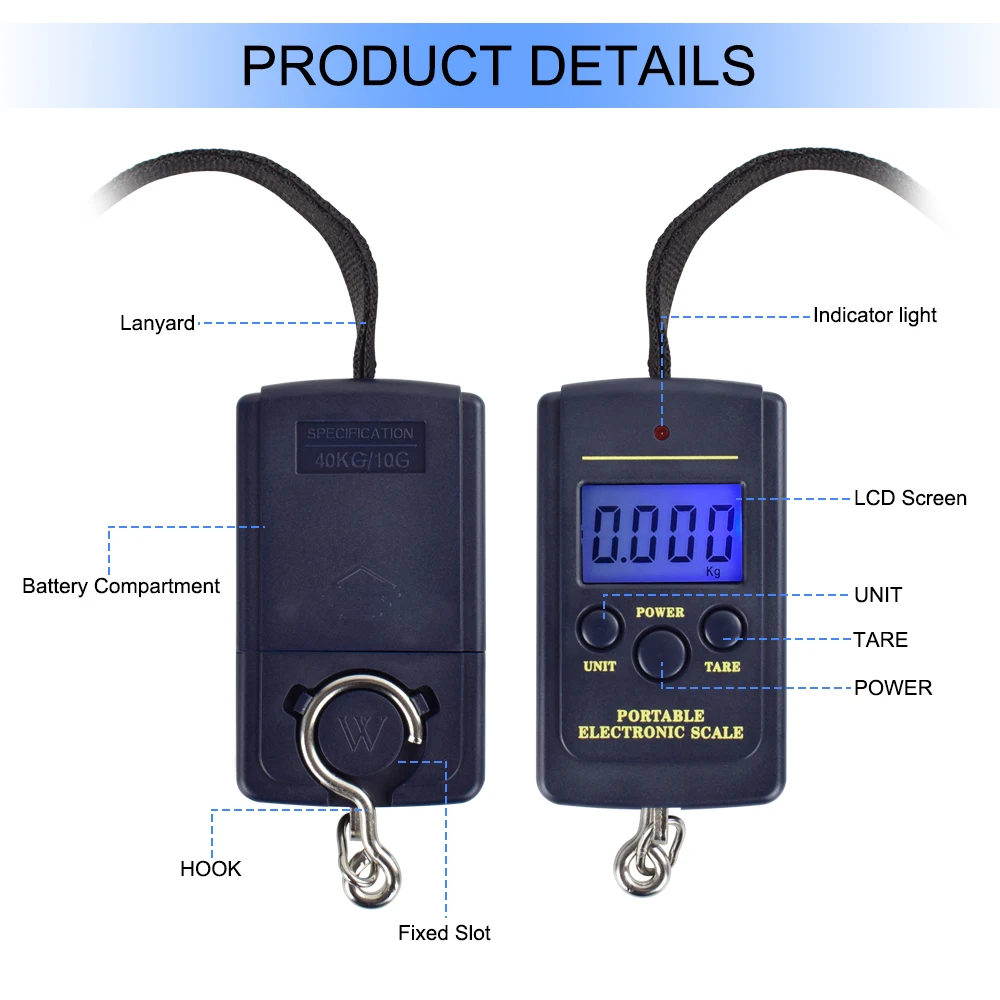 Fishing Scale 75kg/10g LCD Digital Temperature Display Electronic Hook  Backlit Weight Hanging Hook Adjustable Measurement Steelyard 