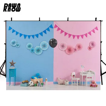 

DAWNKNOW Blue Pink Wall Flag Photography Background For Twins Birthday Party Photo Shoot Backdrops For Children Photocall G1145
