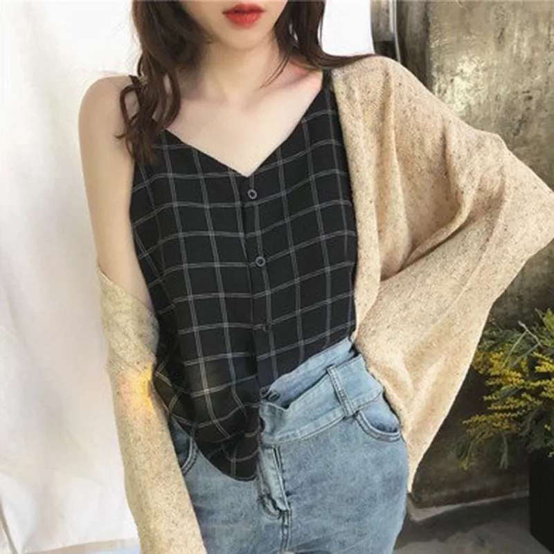 Женская майка без рукавов Свободная шифоновая с бретелями летняя рубашка