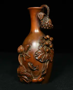 

wedding decoration Old China Boxwood wood Carved lotus Fish Statue flower Bottle Pot Vase Jar Flask