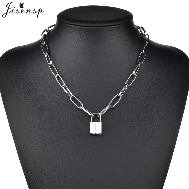 Jisensp Punk Miami Cuban Choker Lock Necklace Collar Statement Geometric Necklaces Pendants Hip Hop Jewelry for Women Man | Украшения и