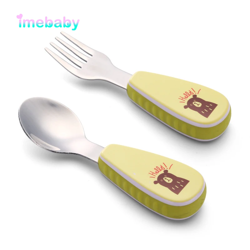 

Imebaby Children Stainless Steel Fork Spoon Set, Complementary Food Training Baby Spoon, Children Non-Slip Silicone Tableware