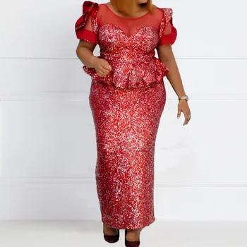 

Red Sequins High Waist Women Dress Mermaid Summer African Party Dinner Bodycon Long Maxi Dresses Robe Ruffles Female Vestiods