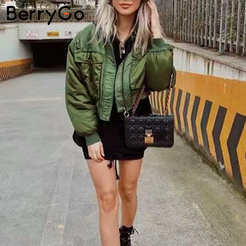 BerryGo, модные женские парки на пуговицах с карманами, на молнии, осенне-зимнее теплое Стеганое пальто, куртки, уличная одежда для девушек, пальто, тактика - Цвет: Армейский зеленый