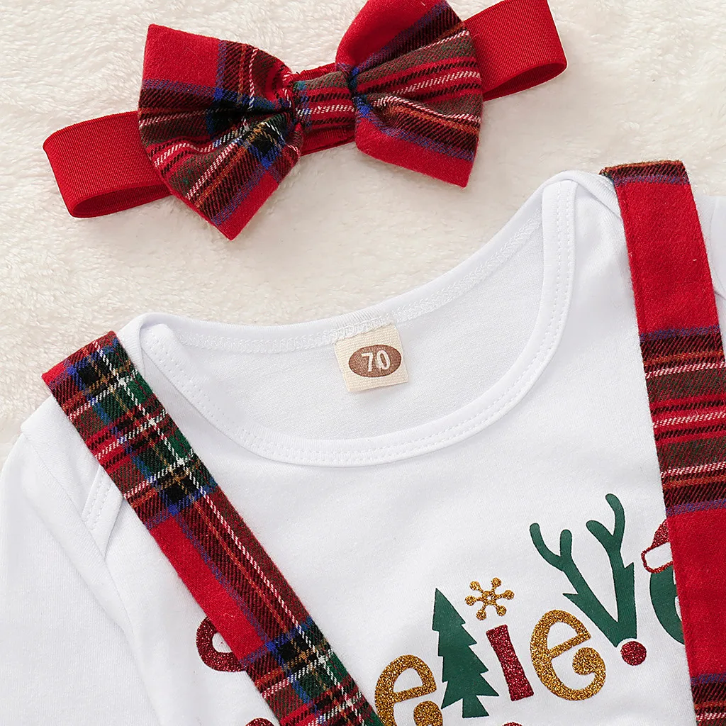 Рождественские комплекты из 3 предметов для маленьких девочек Комбинезон с надписью+ сарафан в клетку, юбка+ повязка на голову, рождественские комплекты одежды для маленьких девочек