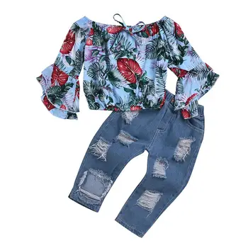 

2020 Spring Girls flare sleeve flower print top + Denim pant Outfits Children fashion clothes set