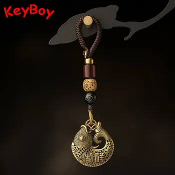 

Lucky Fish Brass Car Key Chain Pendant Jewelry Vintage Chinese Style Handmade Woven Rope Keychain Lanyard Keyring Hanging Crafts