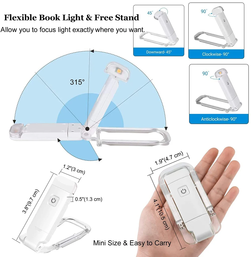 LED Clip USB Rechargeable Book Reading Light Brightness Adjustable Eye Care Portable Bookmark Read