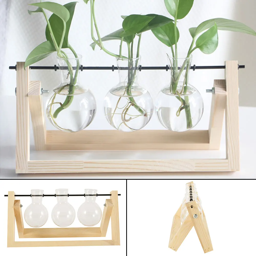 

Glass Terrarium Container Hydroponics Planter Flower Pot Wooden Stand Glass Terrarium Container Tabletop Vase Home Decoration