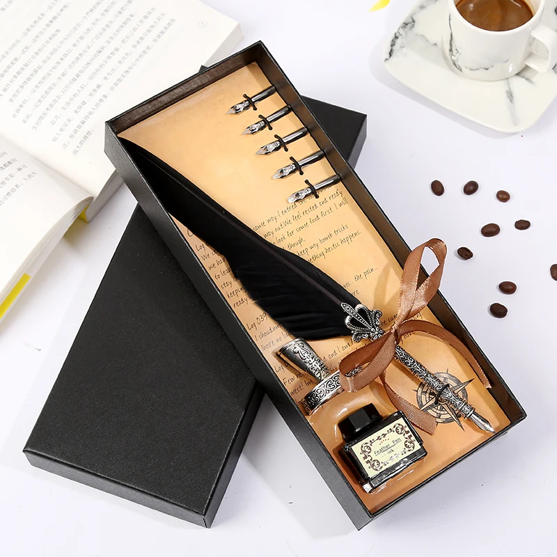 Conjunto Di Caneta Di Base Di Cabelo Compressdo Estilo Europau Retro Caneta-Tinteiro Para Escrever Papelaria Caixa De Presente