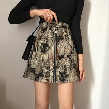 

Harajuku Print Cat Women Skirts Zipper A-line High Waist Mini Skirt Slim Spring Korean Chic Faldas Mujer Moda 2020 Sexy Skirt