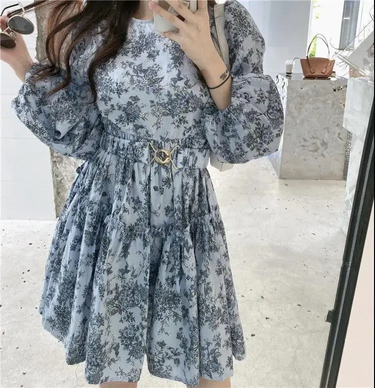 Spring Dress Women Puff Sleeve Sashes Retro Slim Popular Korean Style Leisure Simple Fashion Ladies All-match Vestido Holiday cocktail dresses