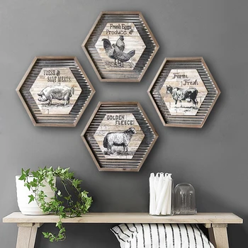 

Loft American Retro Punk Bar Home Living Room Decor Wooden Iron Embossed Hexagonal Farm Animal Figure Hanging Painting Mural