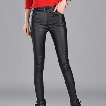 

Sexy Women Stretchy High Waist Slim Hip Lifting Faux Leather Pencil Pant Trousers Solid Color All-match Faux Leather Trousers