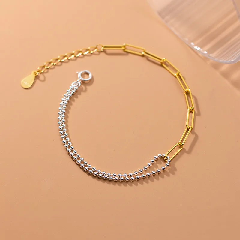 

2021 New Fashion Women's 925 Silver Gold Asymmetric Round Bead Metal Charm Bracelet Simple Jewelry