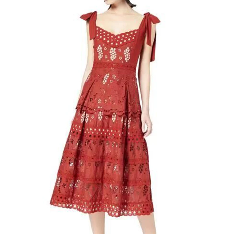 Высокое качество Новые взлетно-посадочной полосы платье Для женщин Спагетти ремень хлопковый, кружевной, с вышивкой платье