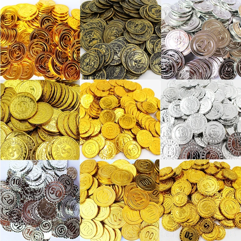 Пиратская Золотая монета 100 шт. пластиковая игра с драгоценными камнями вечерние