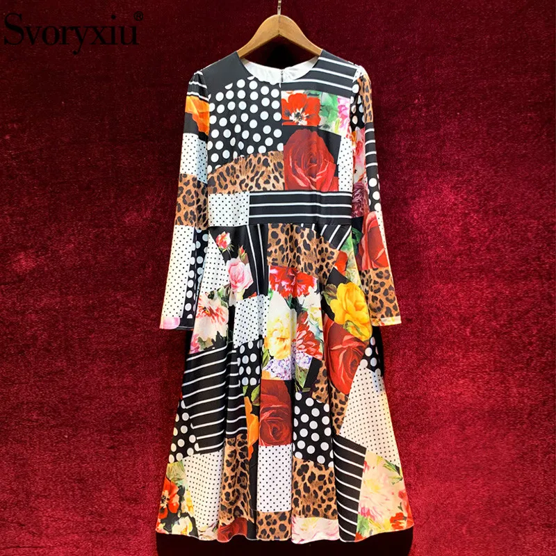 

Svoryxiu luxury Runway Autumn Winter Vintage Dress Women's Fashion Long Sleeve Color Matching Flower Print Elegant Midi Dress