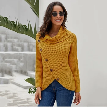 

2019 Thicken Winter Sweater Women Single Row Tilt Buckle Asymmetry Solid Color Long Sleeve Pile Collar Casual Sweater Wholesale
