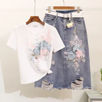 

Summer New Ladies Fashion Embroidery Sequins Flower Short sleeve Cotton T Shirt + Grinded Denim Skirt Two Piece Set Women H113