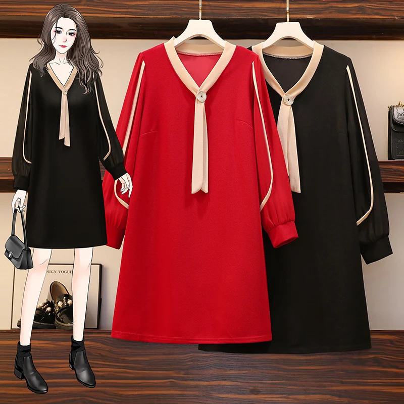 

EHQAXIN Women's Dresses 2021 New Autumn Fashion Korean V-Neck Button French Loose Long Sleeve Pullover Dress L-5XL